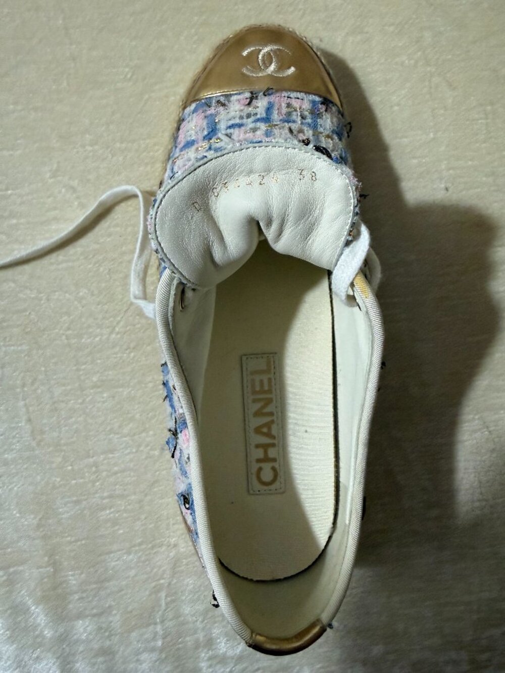 Chanel Shoes | Chanel Women's Quilted Tweed Cc Logo Low Top Sneakers s 38 White